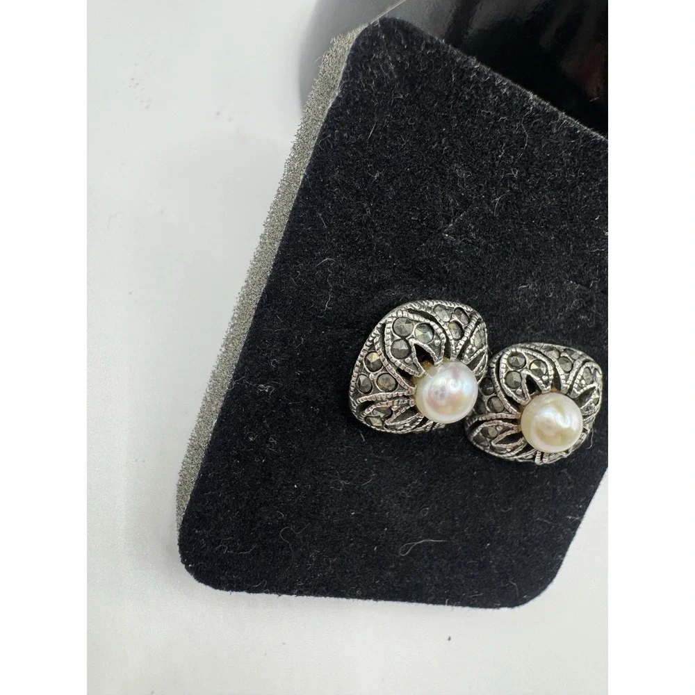 Vintage‎ Sterling Silver Marcasite Mabe Pearl Stud Earrings 925 Elegant